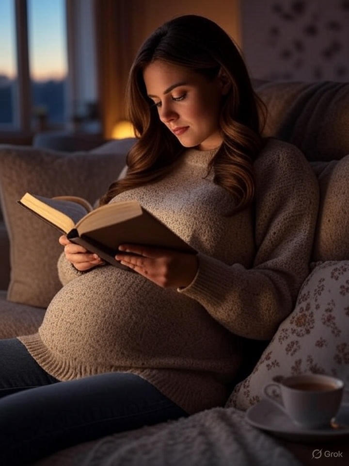A pregnant woman reads a hefty legal book, in a homely, cozy, evening setting